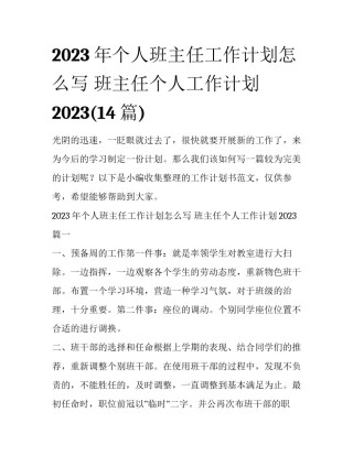2023年个人班主任工作计划怎么写 班主任个人工作计划2023(14篇)