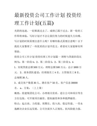 最新投资公司工作计划 投资经理工作计划(五篇)
