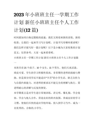 2023年小班班主任一学期工作计划 新任小班班主任个人工作计划(12篇)