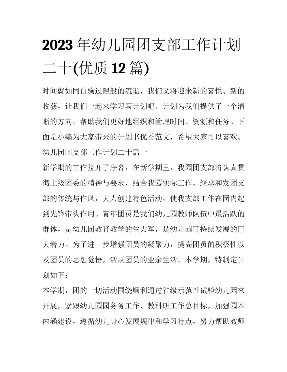 2023年幼儿园团支部工作计划二十(优质12篇)_第1页