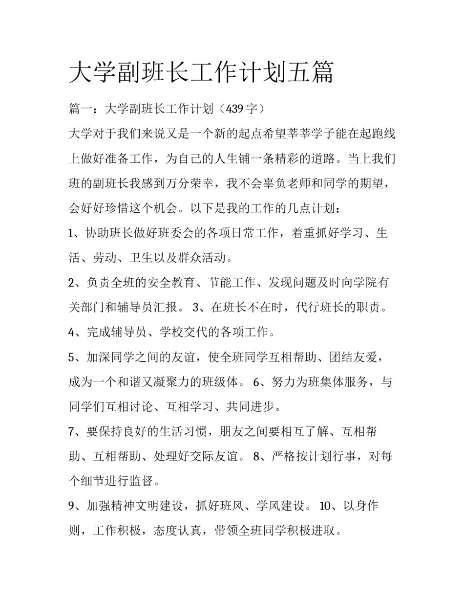 大学副班长工作计划五篇_第1页