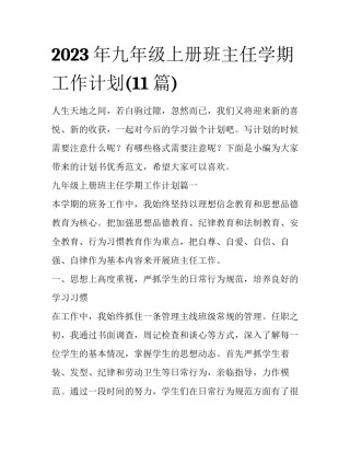 2023年九年级上册班主任学期工作计划(11篇)