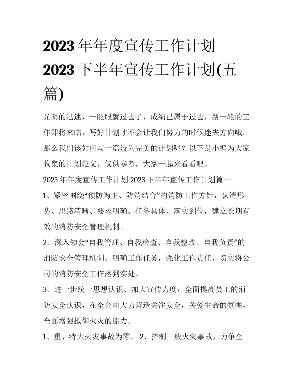2023年年度宣传工作计划 2023下半年宣传工作计划(五篇)_第1页
