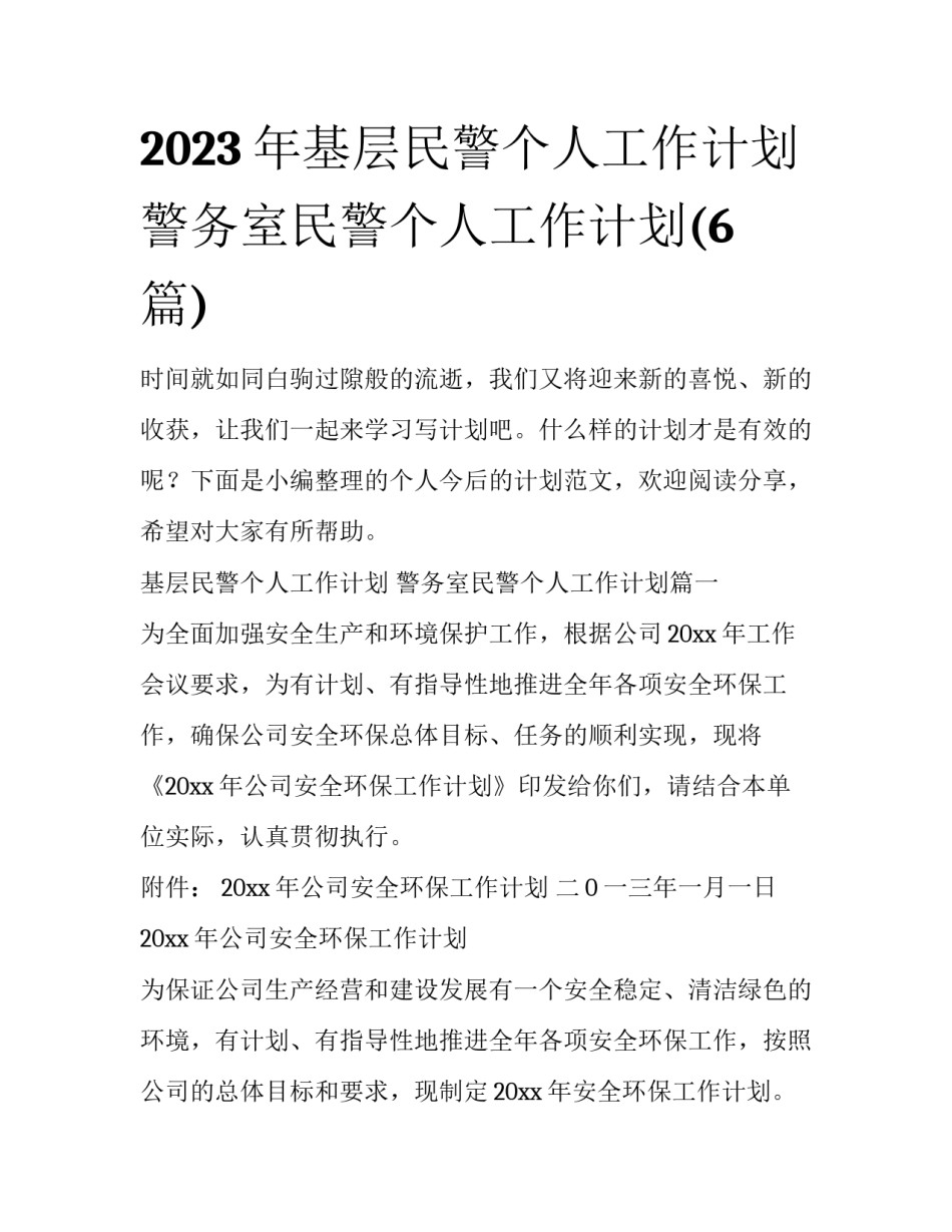 2023年基层民警个人工作计划 警务室民警个人工作计划(6篇)_第1页