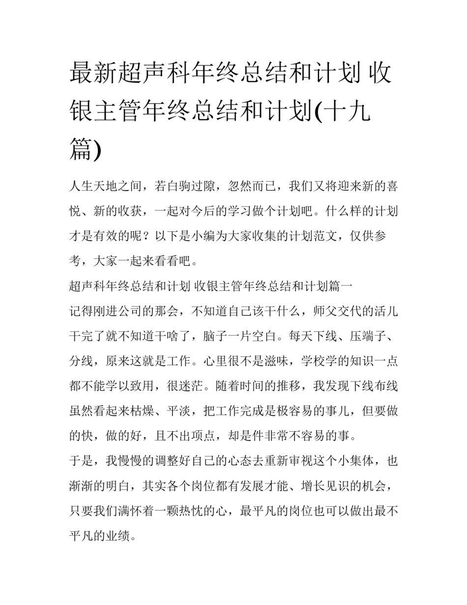 最新超声科年终总结和计划 收银主管年终总结和计划(十九篇)_第1页
