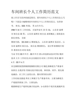 车间班长个人工作简历范文