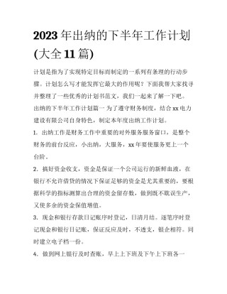 2023年出纳的下半年工作计划(大全11篇)