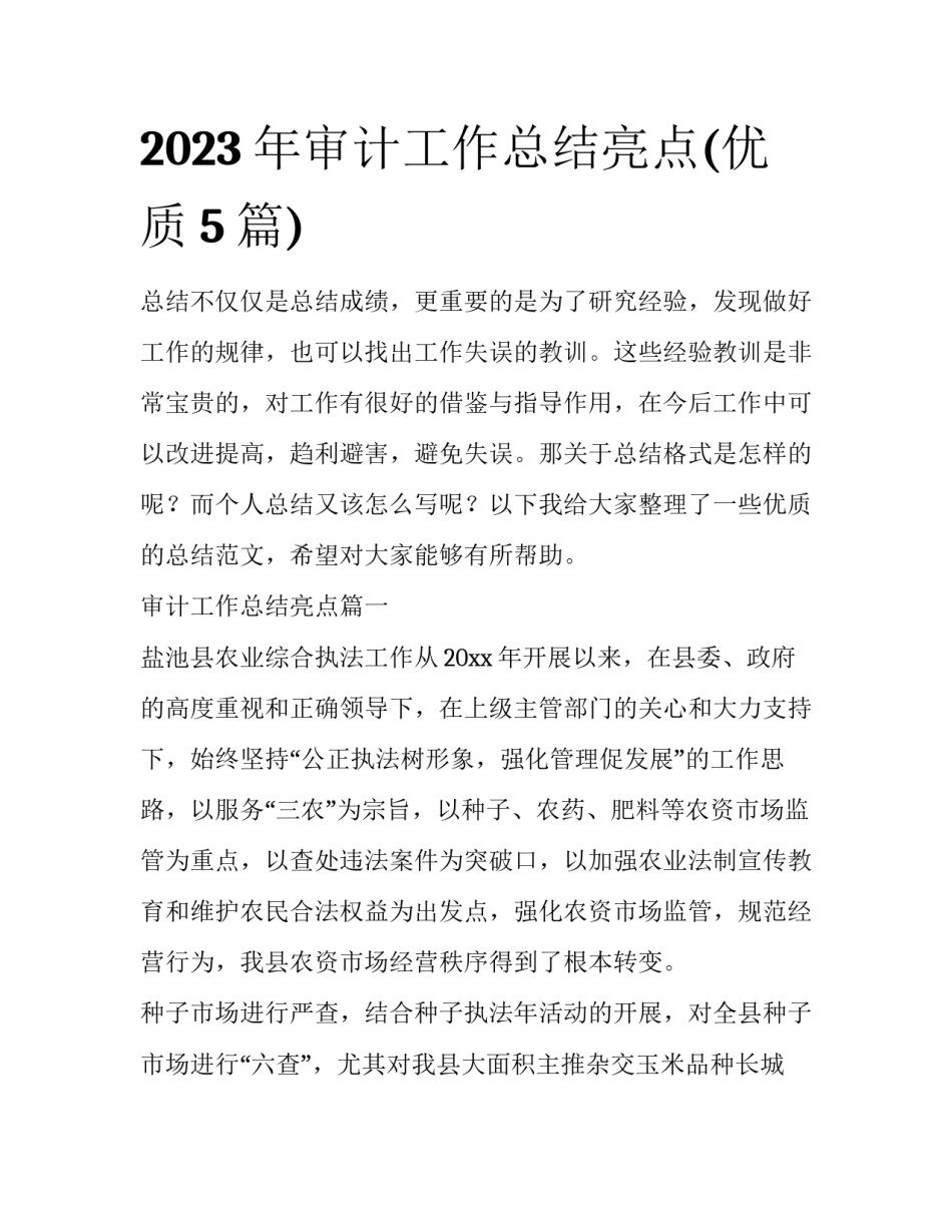 2023年审计工作总结亮点(优质5篇)_第1页