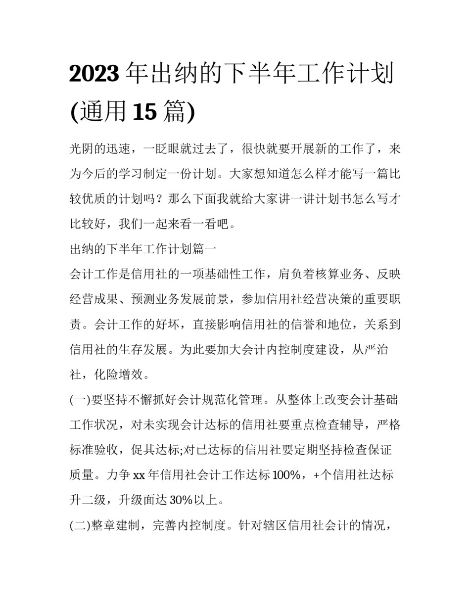 2023年出纳的下半年工作计划(通用15篇)_第1页