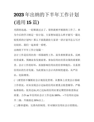 2023年出纳的下半年工作计划(通用15篇)