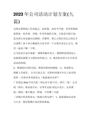 2023年公司活动计划方案(九篇)