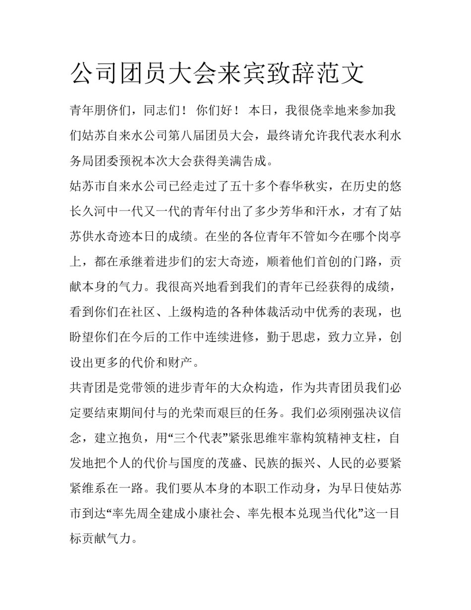 公司团员大会来宾致辞范文_第1页