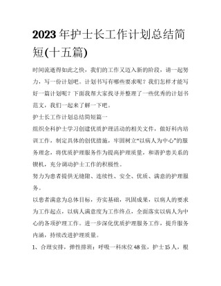 2023年护士长工作计划总结简短(十五篇)