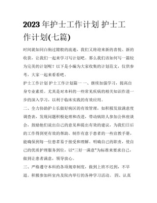 2023年护士工作计划 护士工作计划(七篇)