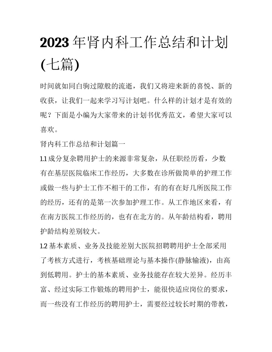 2023年肾内科工作总结和计划(七篇)_第1页