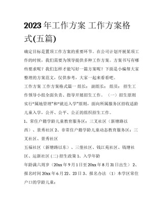 2023年工作方案 工作方案格式(五篇)