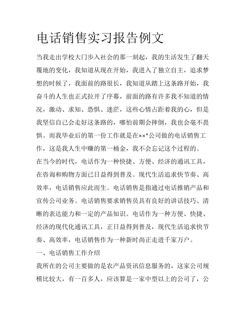 电话销售实习报告例文_第1页
