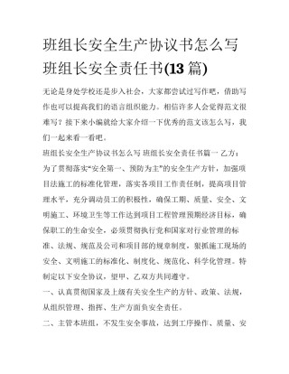 班组长安全生产协议书怎么写 班组长安全责任书(13篇)