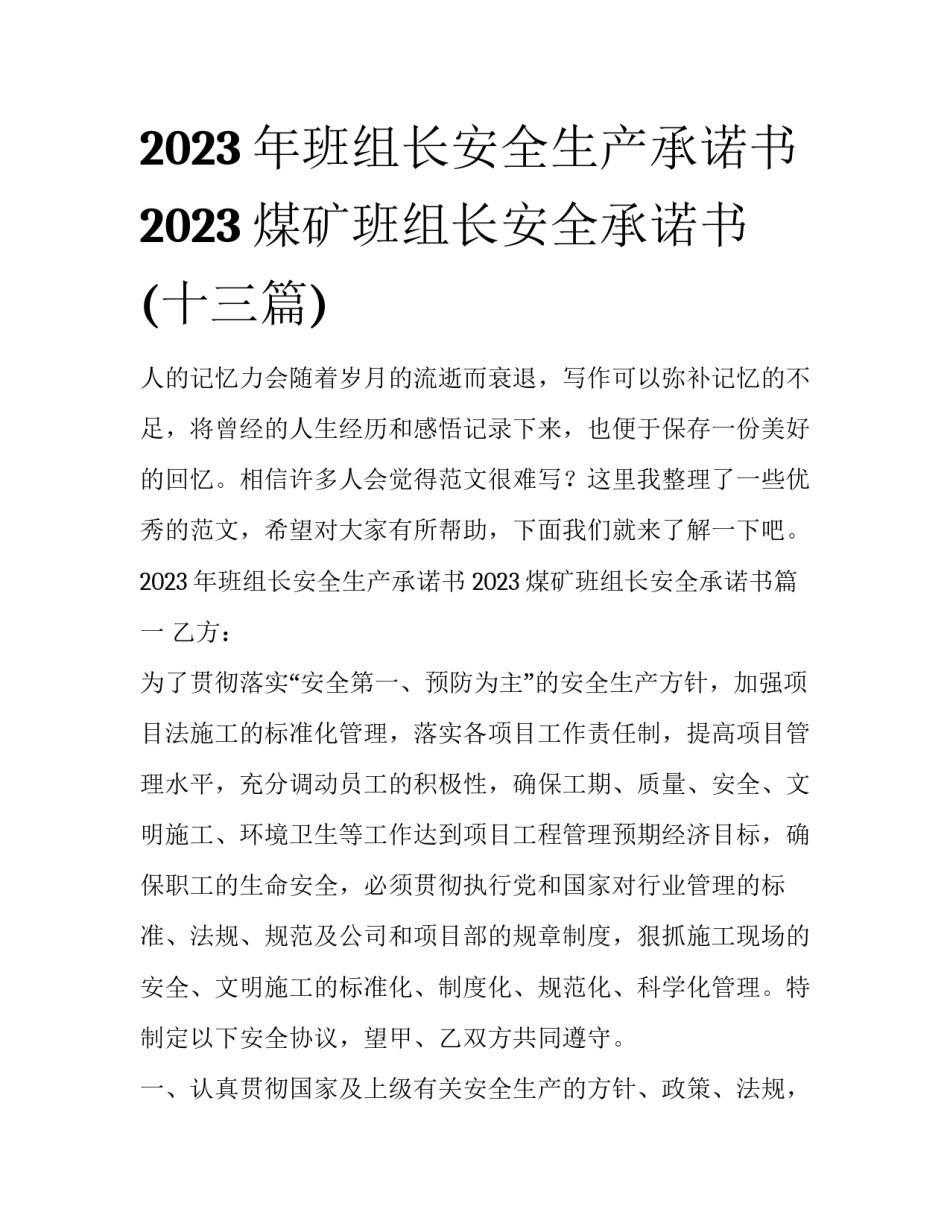 2023年班组长安全生产承诺书 2023煤矿班组长安全承诺书(十三篇)_第1页