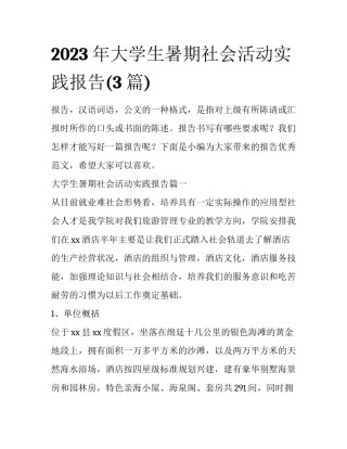 2023年大学生暑期社会活动实践报告(3篇)
