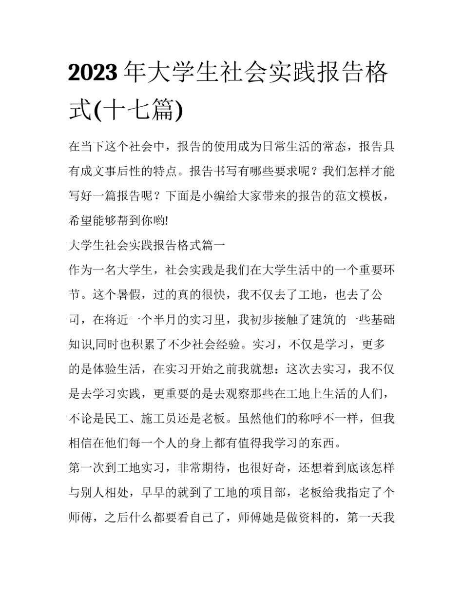 2023年大学生社会实践报告格式(十七篇)_第1页