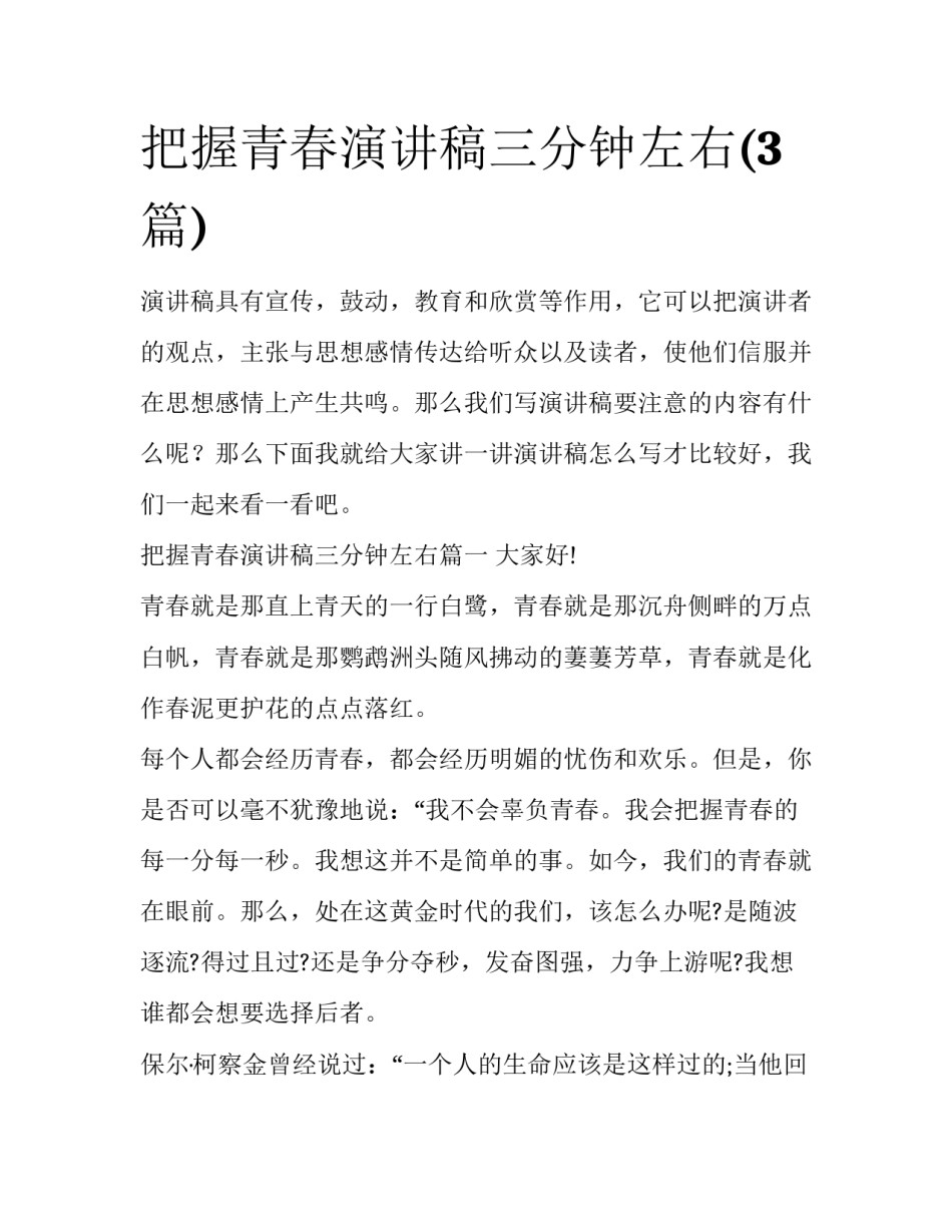 把握青春演讲稿三分钟左右(3篇)_第1页
