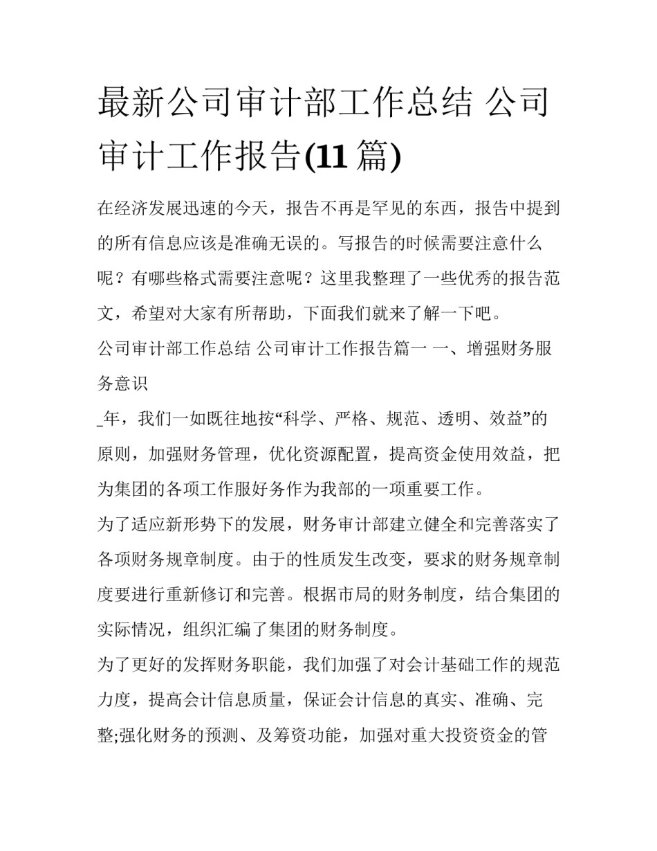 最新公司审计部工作总结 公司审计工作报告(11篇)_第1页