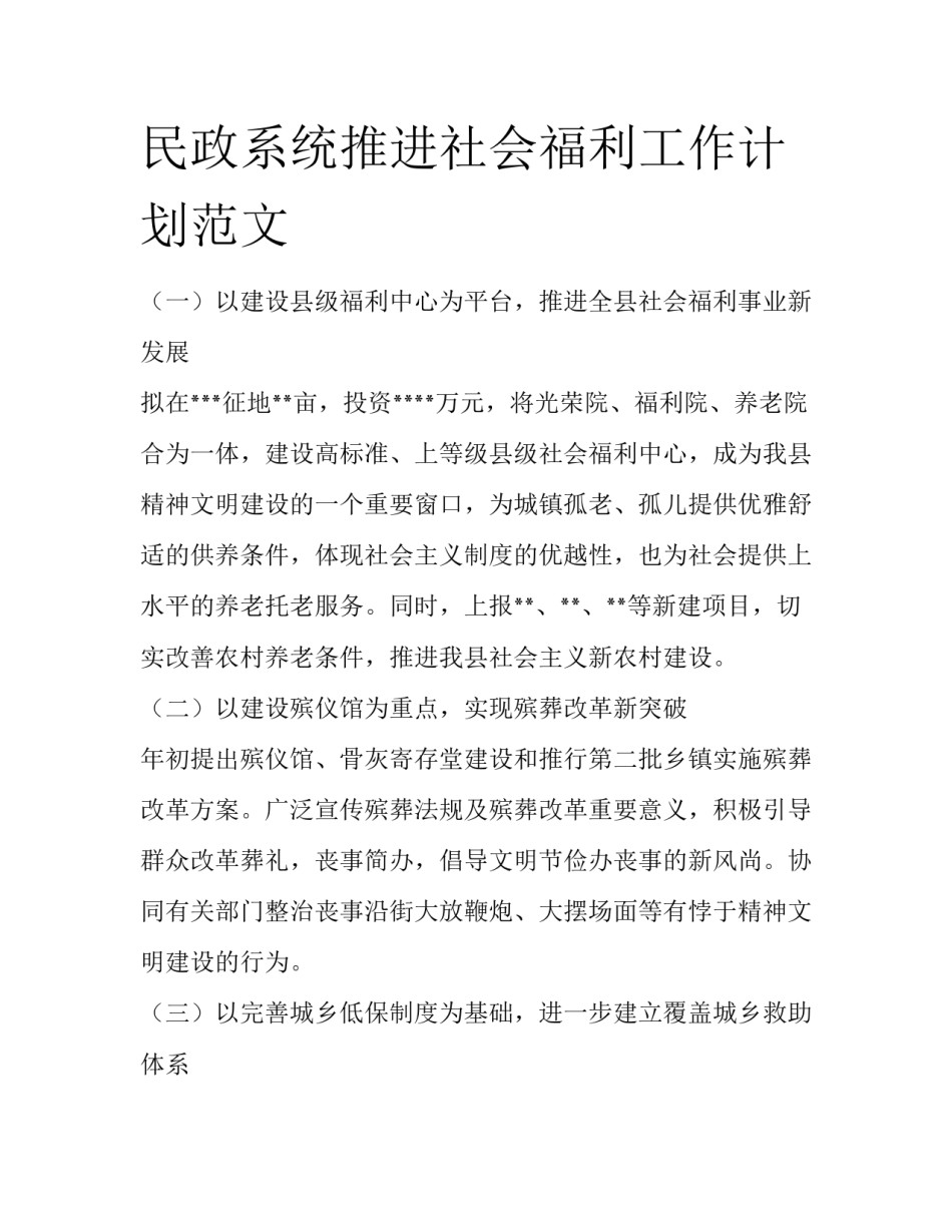 民政系统推进社会福利工作计划范文_第1页