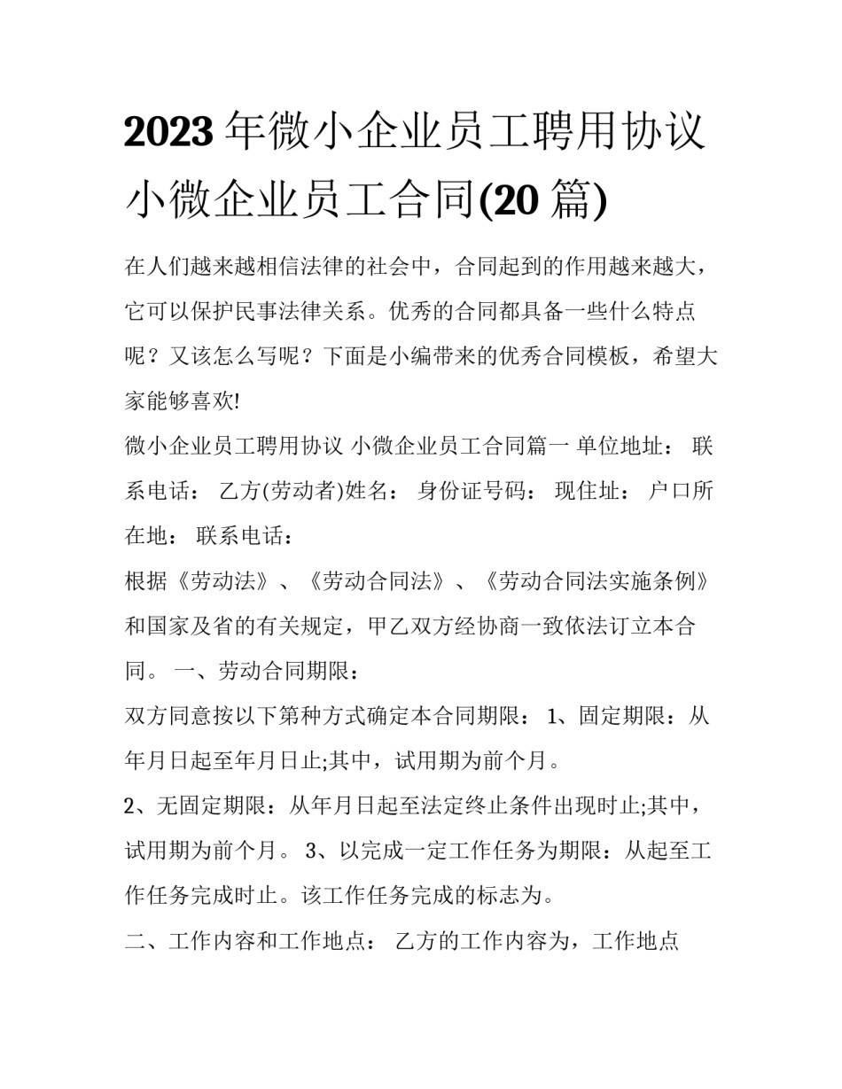 2023年微小企业员工聘用协议 小微企业员工合同(20篇)_第1页