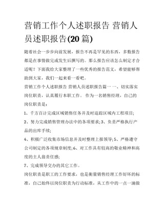 营销工作个人述职报告 营销人员述职报告(20篇)