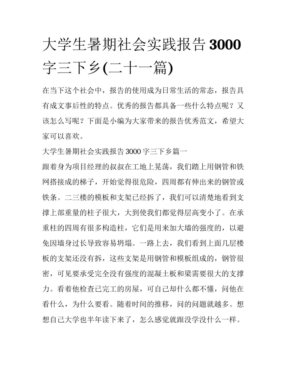 大学生暑期社会实践报告3000字三下乡(二十一篇)_第1页