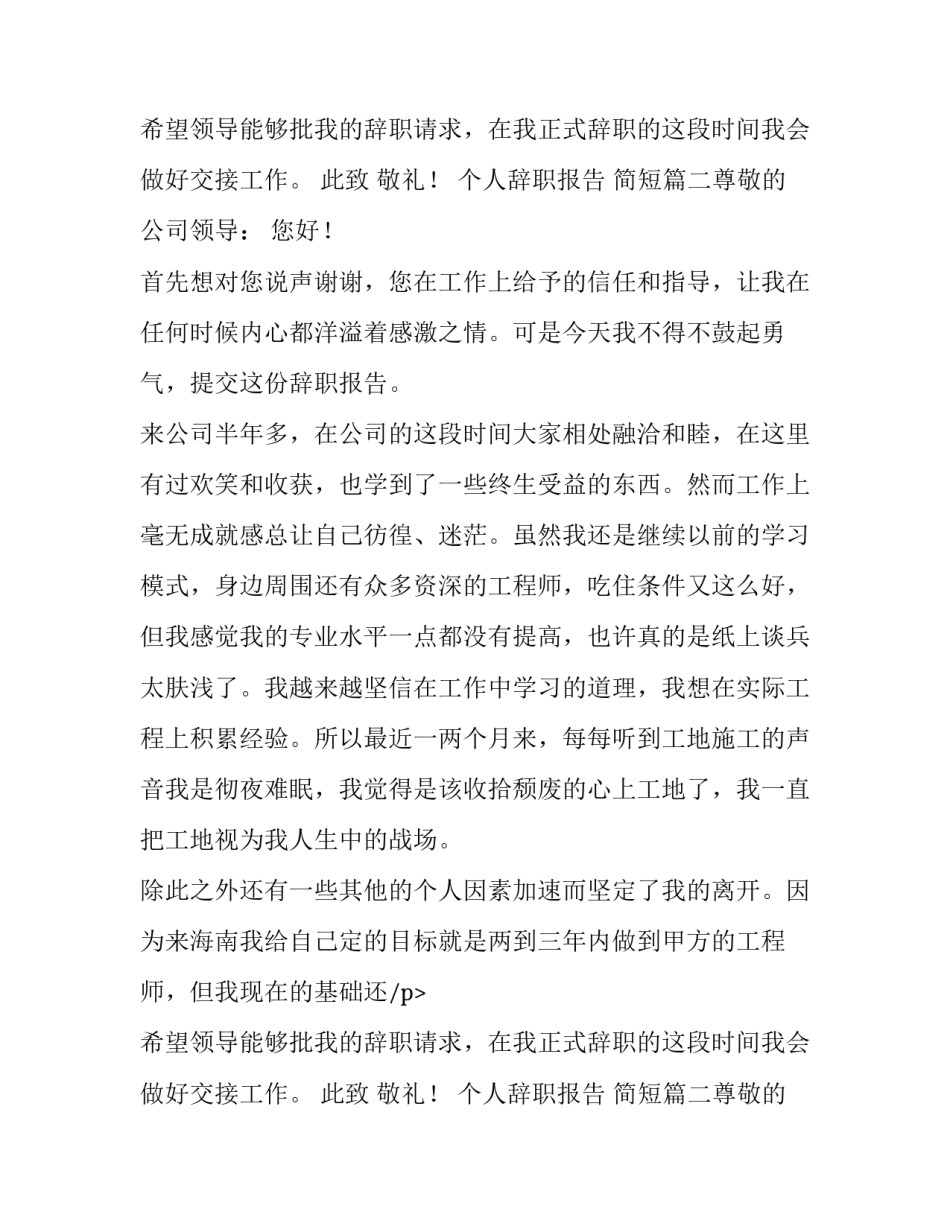 最新个人辞职报告 简短(九篇)_第2页