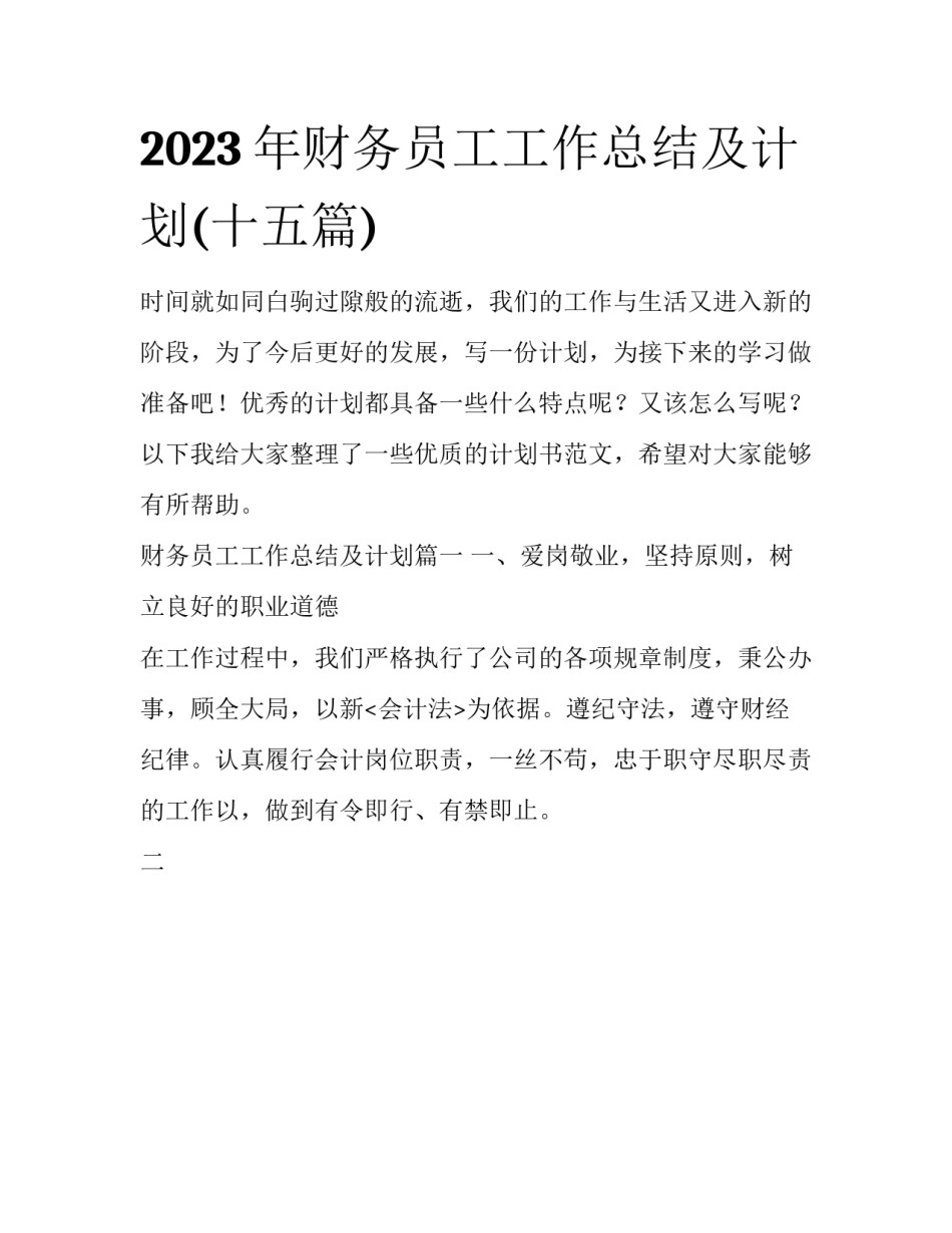 2023年财务员工工作总结及计划(十五篇)_第1页