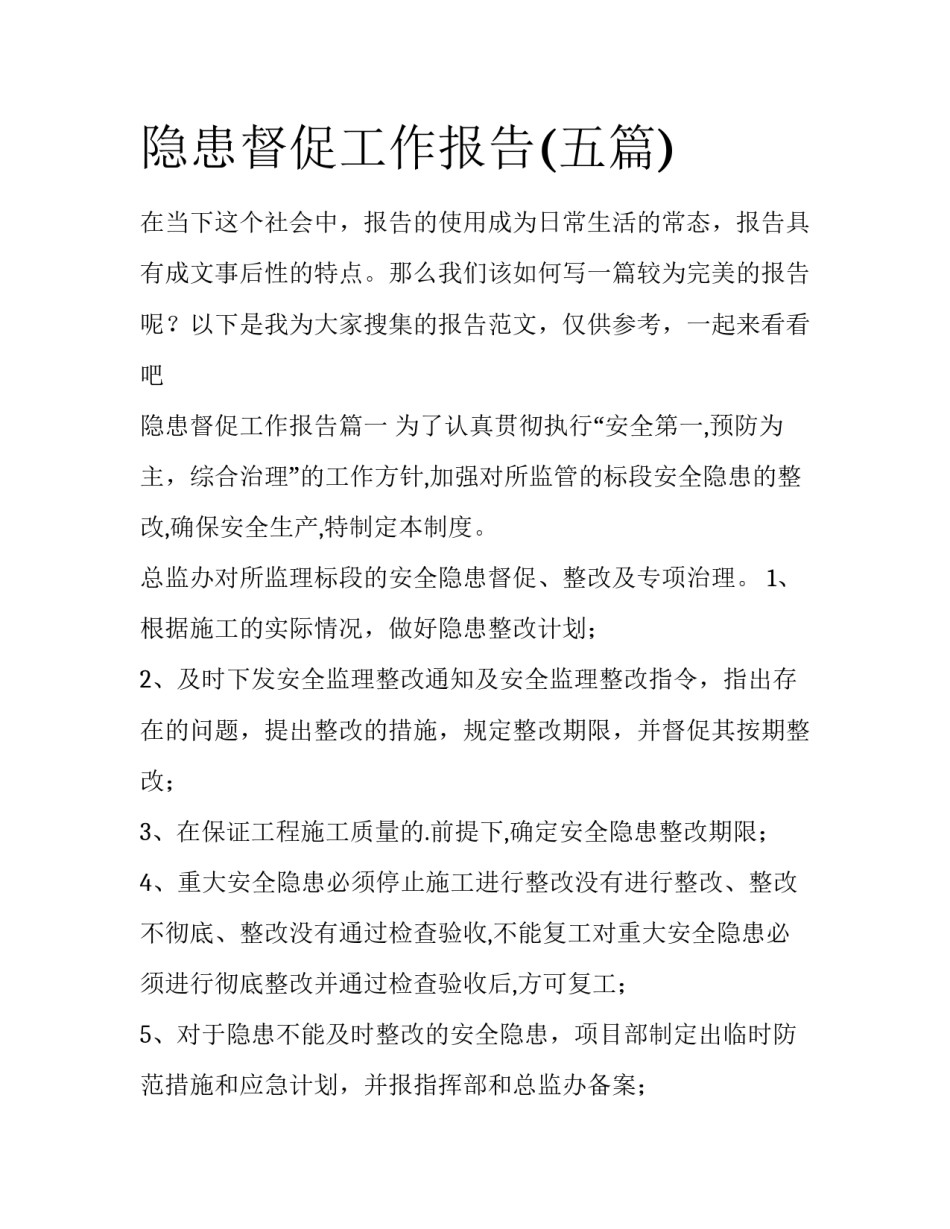 隐患督促工作报告(五篇)_第1页