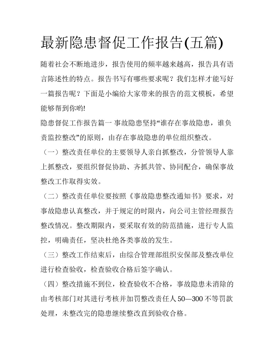 最新隐患督促工作报告(五篇)_第1页