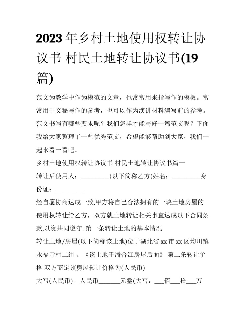 2023年乡村土地使用权转让协议书 村民土地转让协议书(19篇)_第1页
