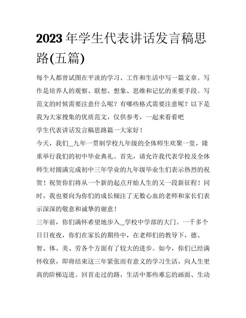2023年学生代表讲话发言稿思路(五篇)_第1页