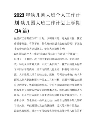 2023年幼儿园大班个人工作计划 幼儿园大班工作计划上学期(14篇)