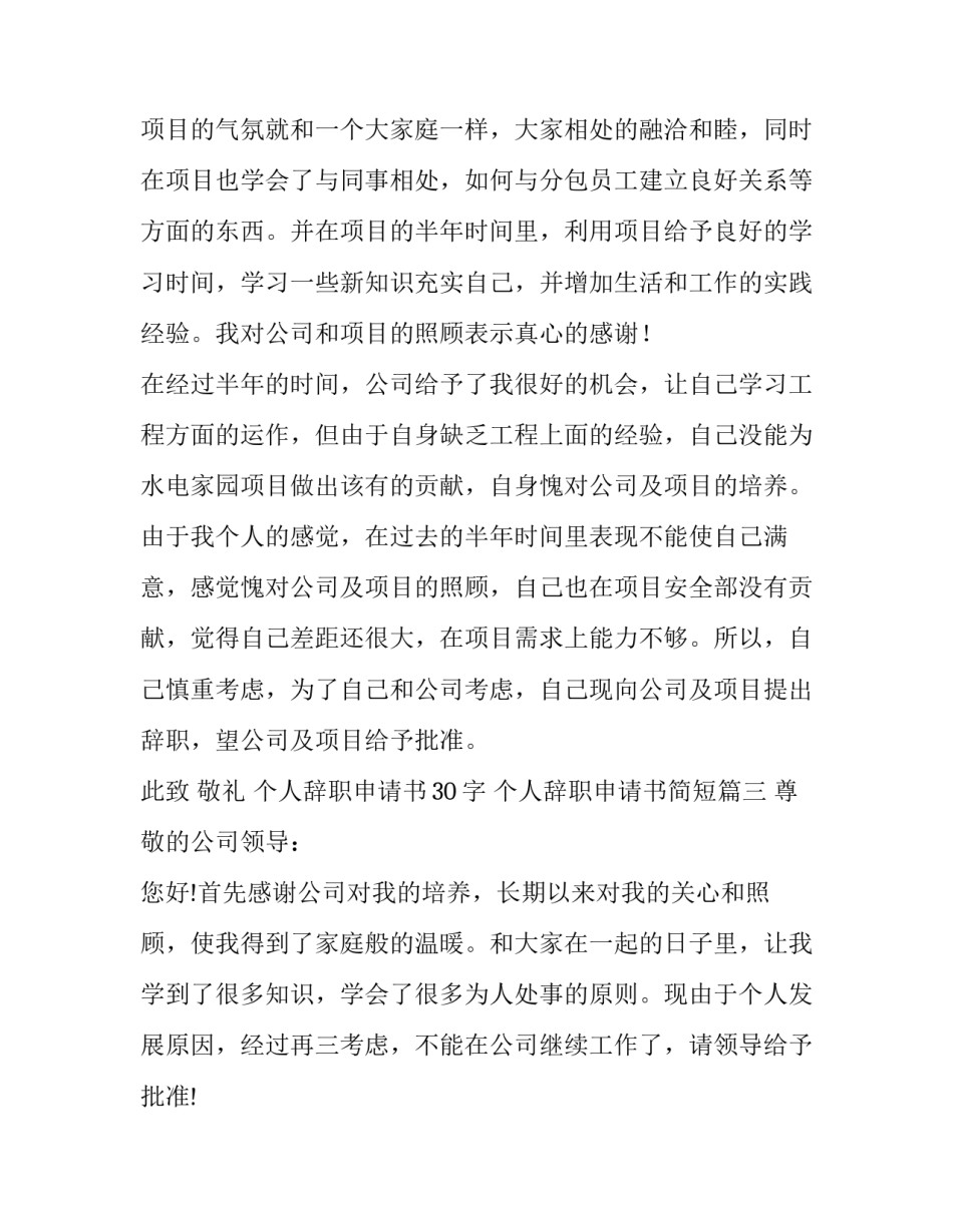 个人辞职申请书30字 个人辞职申请书简短(六篇)_第3页