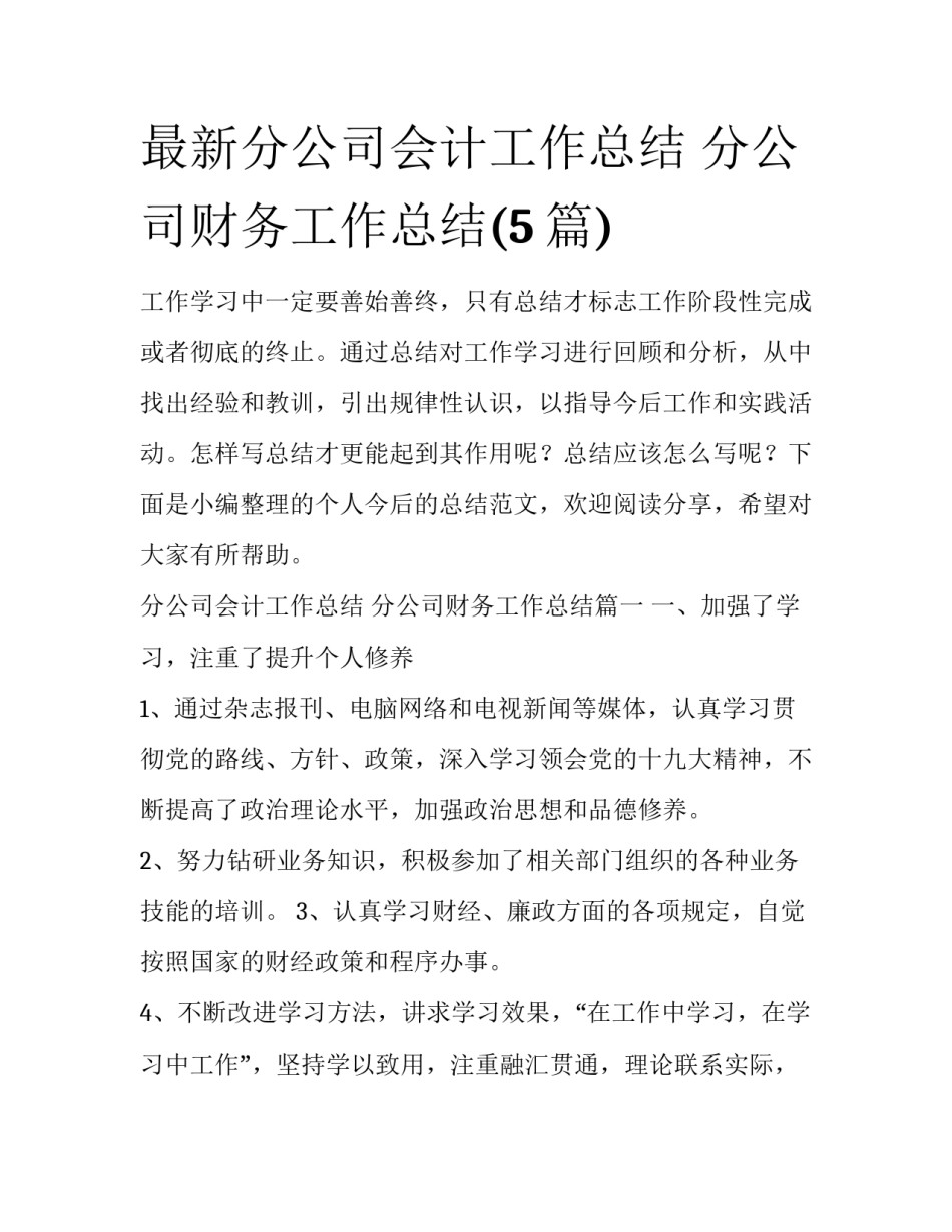 最新分公司会计工作总结 分公司财务工作总结(5篇)_第1页