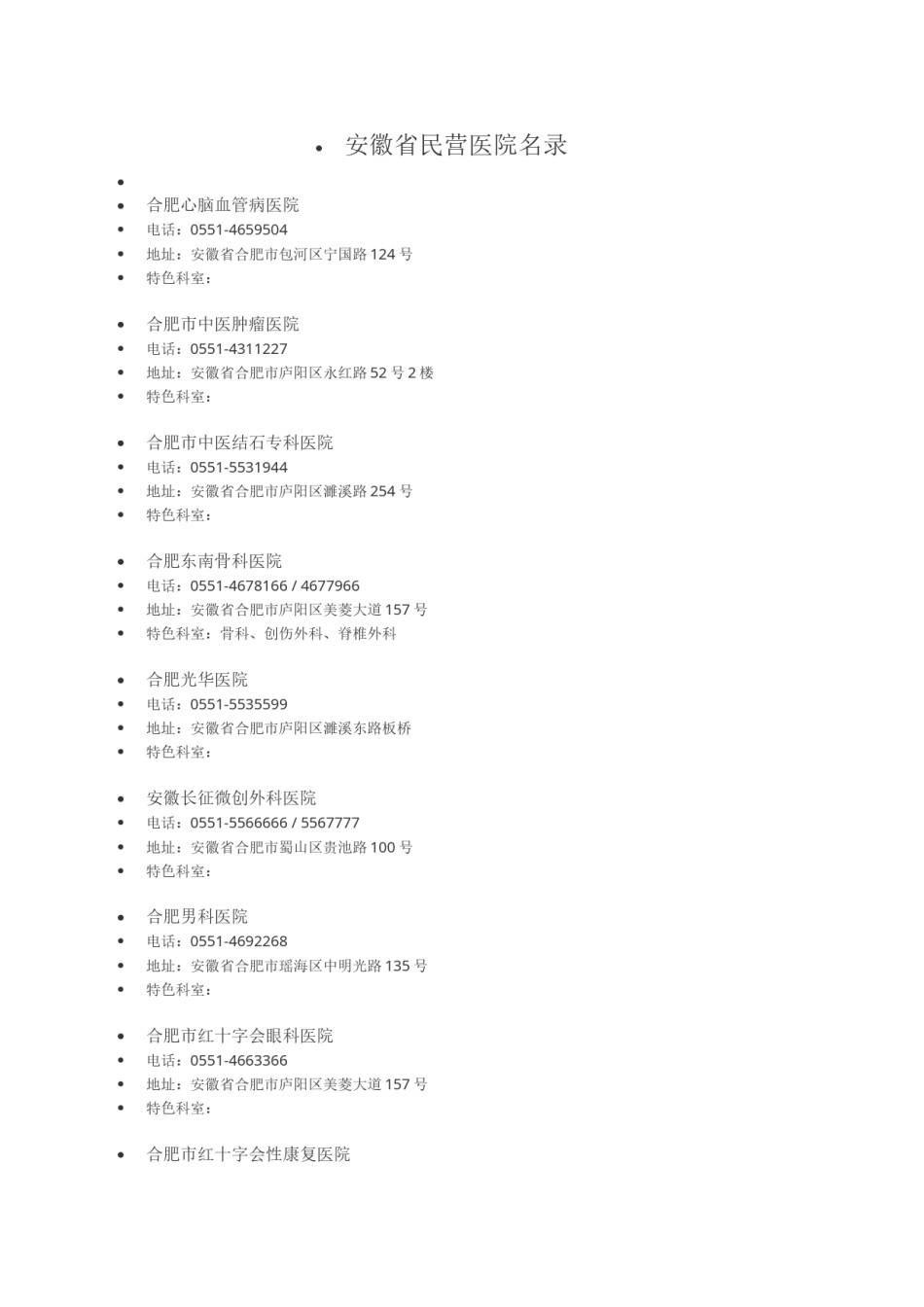 2022年医学专题—安徽省民营医院名录.docx_第1页