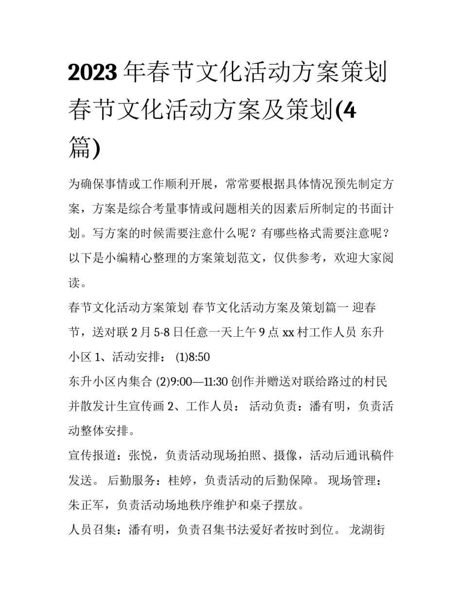 2023年春节文化活动方案策划 春节文化活动方案及策划(4篇)_第1页