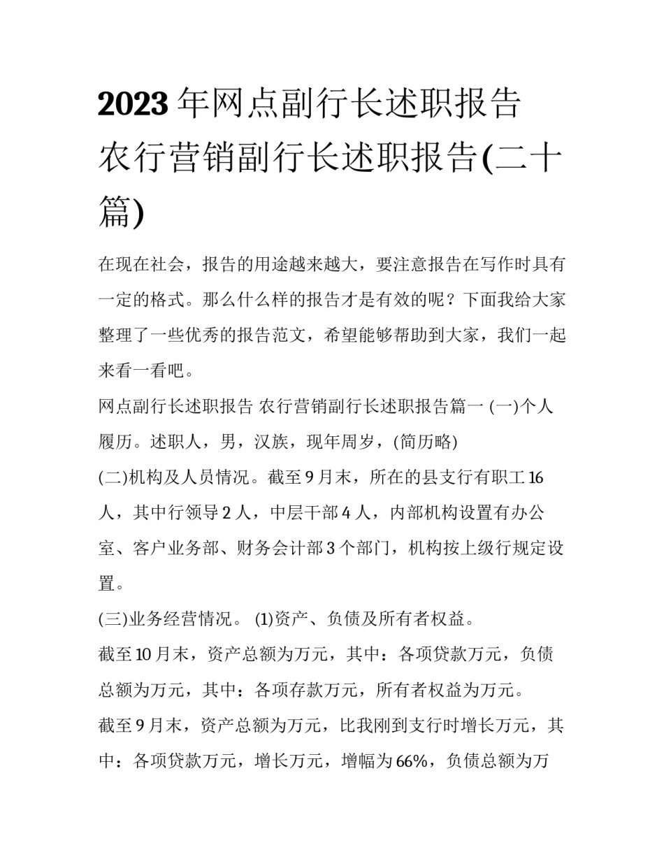 2023年网点副行长述职报告 农行营销副行长述职报告(二十篇)_第1页