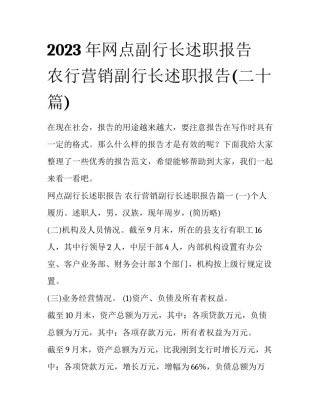 2023年网点副行长述职报告 农行营销副行长述职报告(二十篇)