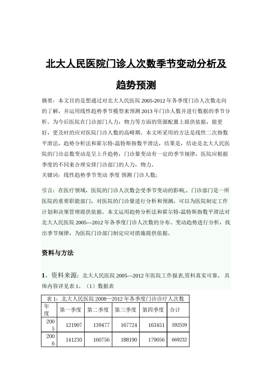 2022年医学专题—北大人民医院门诊人次数季节变动分析及趋势预测.docx_第1页