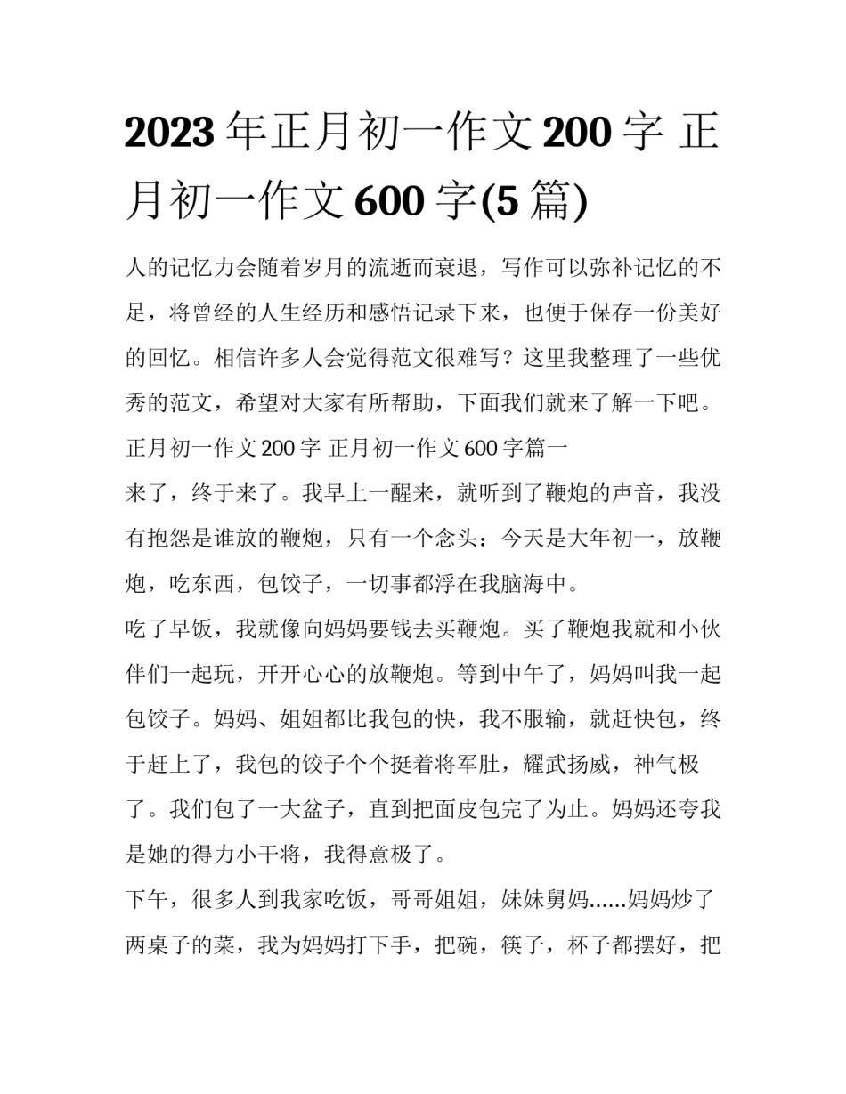 2023年正月初一作文200字 正月初一作文600字(5篇)_第1页