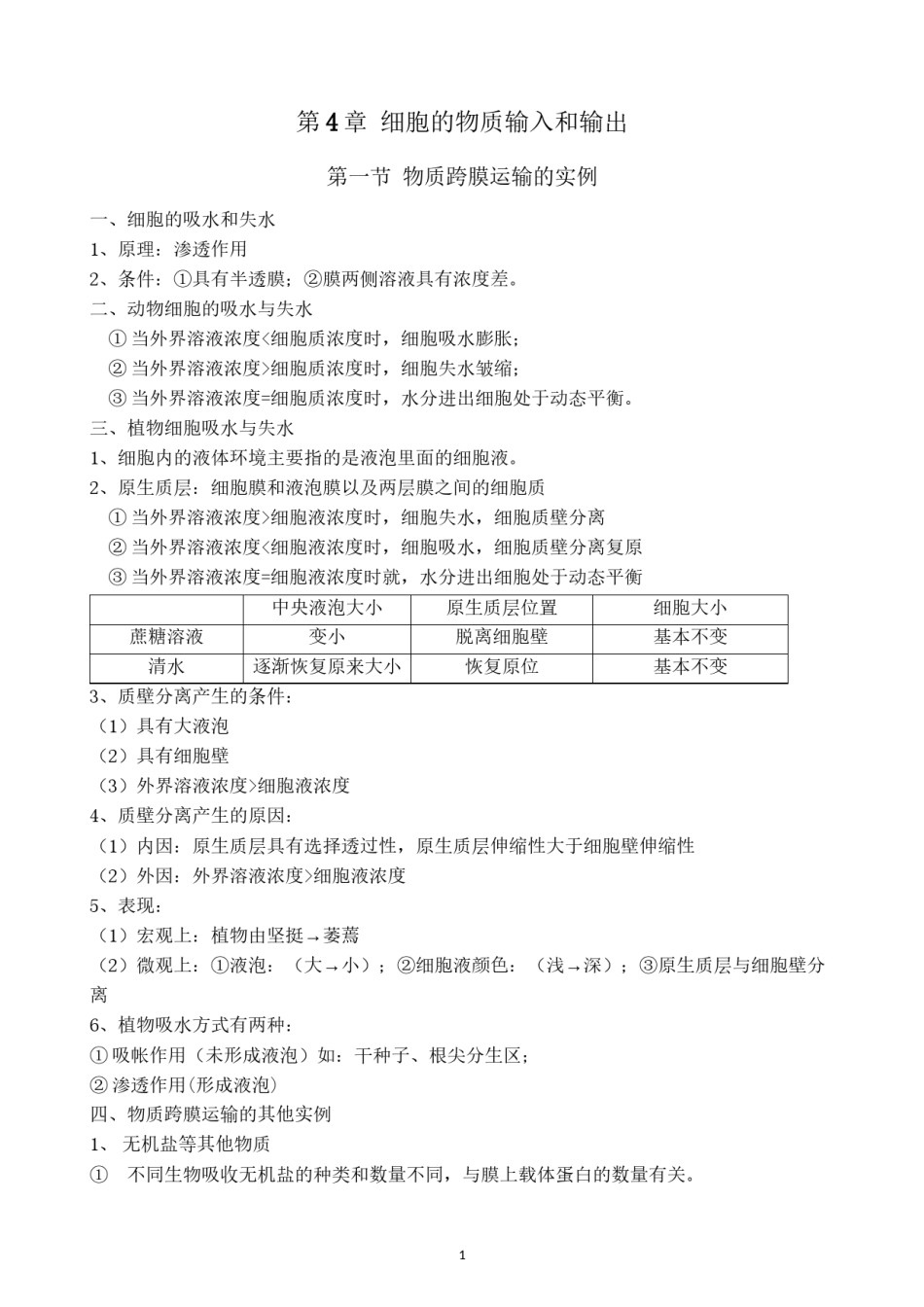 2022年医学专题—必修1第四章--细胞的物质输入和输出(知识点).docx_第1页