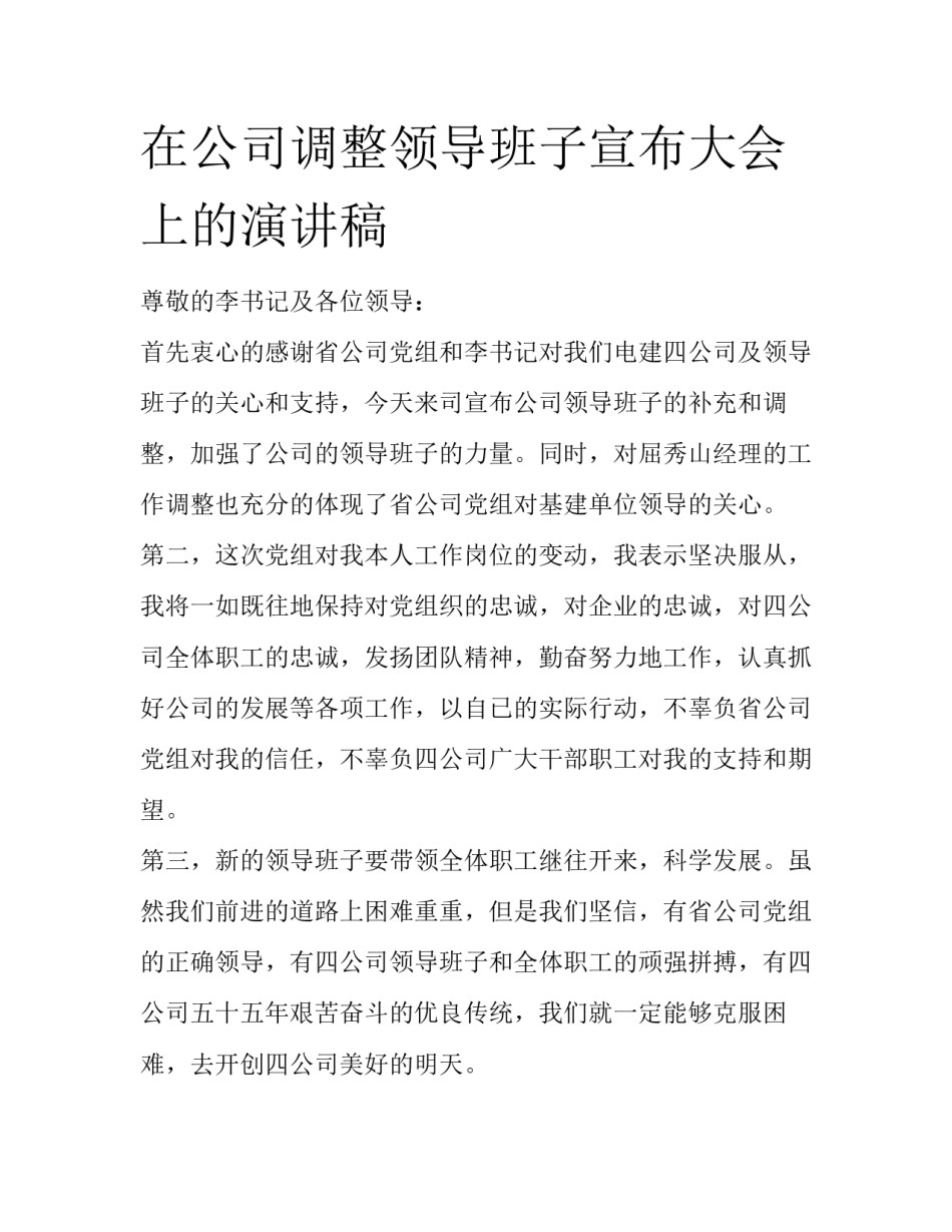 在公司调整领导班子宣布大会上的演讲稿_第1页