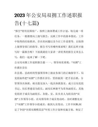 2023年公安局双拥工作述职报告(十七篇)