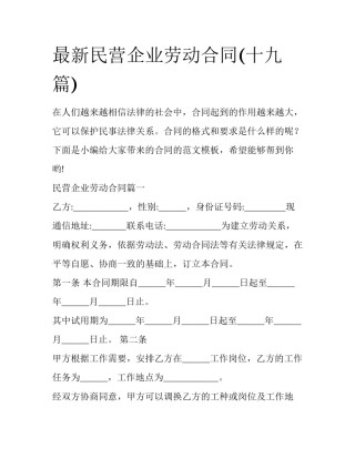 最新民营企业劳动合同(十九篇)